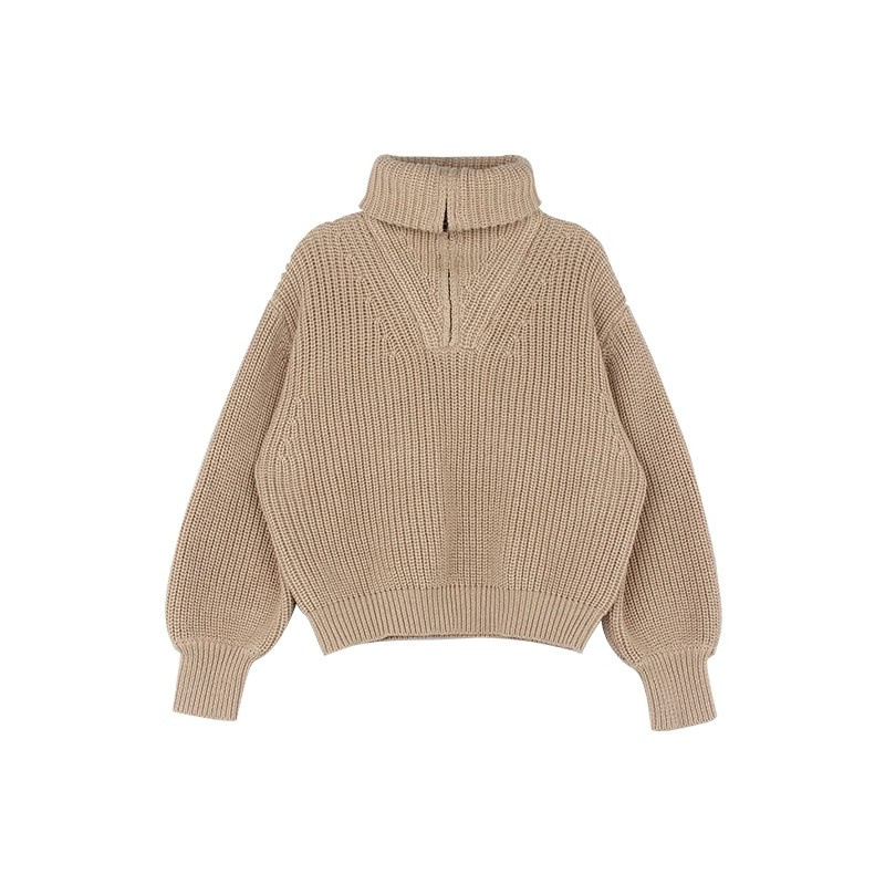 Autumn New Girls' Zipper Big Collar Wool Pullover Sweater Casual Wear Top Children's Sweater