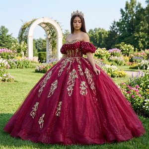 Vestidos de Quinceañera Rojos Lsmu166 para Niña, con Borlas, Plisados, con Hombros Descubiertos, Estilo Princesa, Personalizables, Vestido de XV Años Jancember - Product Image 1