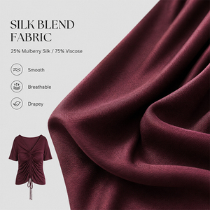 T-shirt en soie de mûrier pour femme, col en V, manches courtes, coupe ajustée, haut en maille avec cordon de serrage, logo personnalisé, doux, respirant, idéal pour l'été - Product Image 2