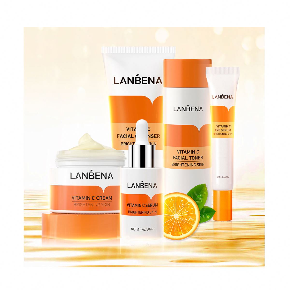 LANBENA Vitamin C Vegan Skin Care Series Brightening Face Cream Hydrating Toner Firming Serum Cream 5pcs