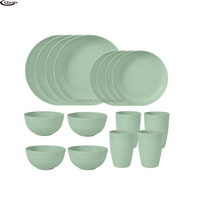 Vente en gros de vaisselle réutilisable sans BPA, ensemble de vaisselle en plastique écologique avec logo personnalisé, 16 pièces, ensemble de tasses, bols et assiettes en PP