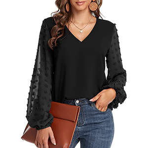 2025 primavera y verano nueva camisa <span class=keywords><strong>de</strong></span> gasa con cuello en V <span class=keywords><strong>para</strong></span> mujer costura Top <span class=keywords><strong>de</strong></span> manga larga <span class=keywords><strong>para</strong></span> mujer - Product Image 2