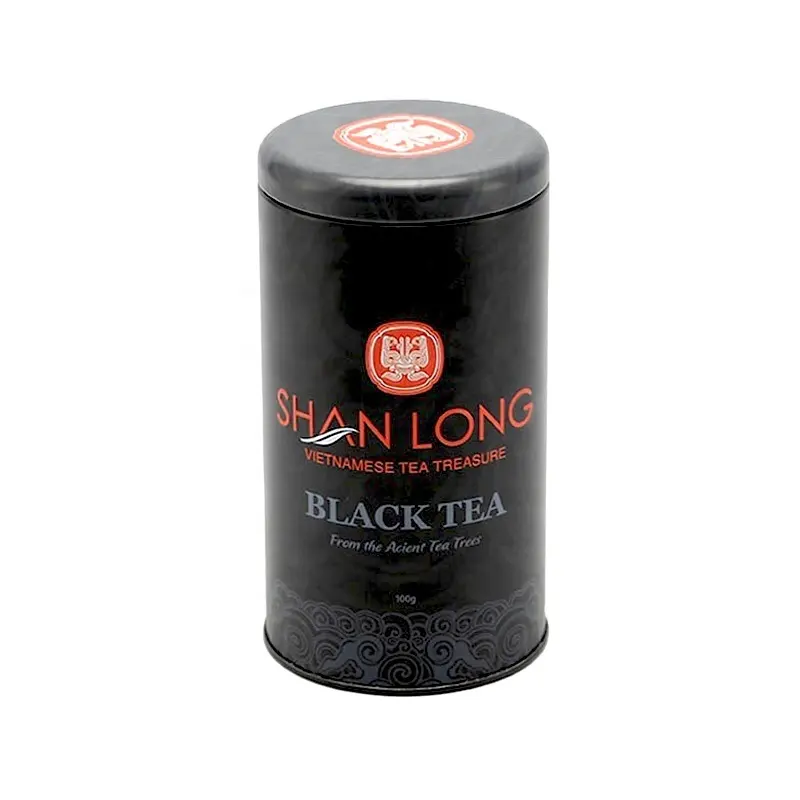 Custom food grade airtight lid round matte black metal tea tin can canister cylinder tea tin jar container packaging