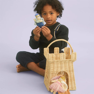 Rattan Castle <b>Basket</b> With Handle Children's Toy Storage Off White Rectangle Shape Photography Props - Product Image 3