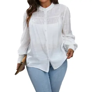 Dames Casual Blouse Plus Size Effen Hemd Lantaarn Mouw Knoop Ronde Hals Shirt Top Losse Shirts