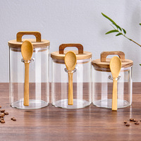 Pot de rangement pour grains de café en verre avec couvercle en bois et cuillère, ensemble de boîtes hermétiques en bambou, 3 tailles, pour barista à domicile
