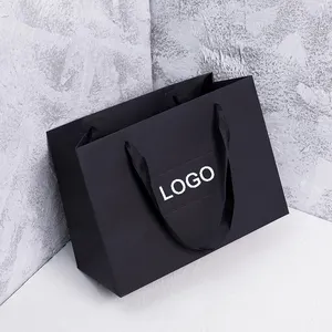 Custom private black personalised luxury retail shoes cardboard shopping gift paper bags with handle logo print for boutique