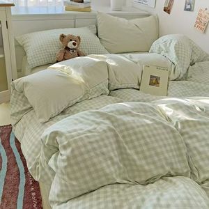 Plaid <b>Bedding</b> <b>Set</b> 4 Pcs Washed Cotton Home Use Four Seasons Eco Friendly - Product Image 1