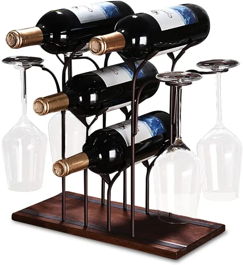 4 Bottle Wine Holder Bar Decor Storage Wooden Wine Rack With Wine Glass Holder