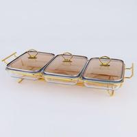 Chauffe-Plat en Verre QY 4.5L 3L à Trois Compartiments avec Cadre en Acier Inoxydable Doré pour Buffet, Hôtels et Traiteur