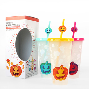 Vaso de Plástico Termocrómico con Cambio de Color de Calabaza de Halloween, Juego de 3 Vasos Novedosos con Pajita - Product Image 1