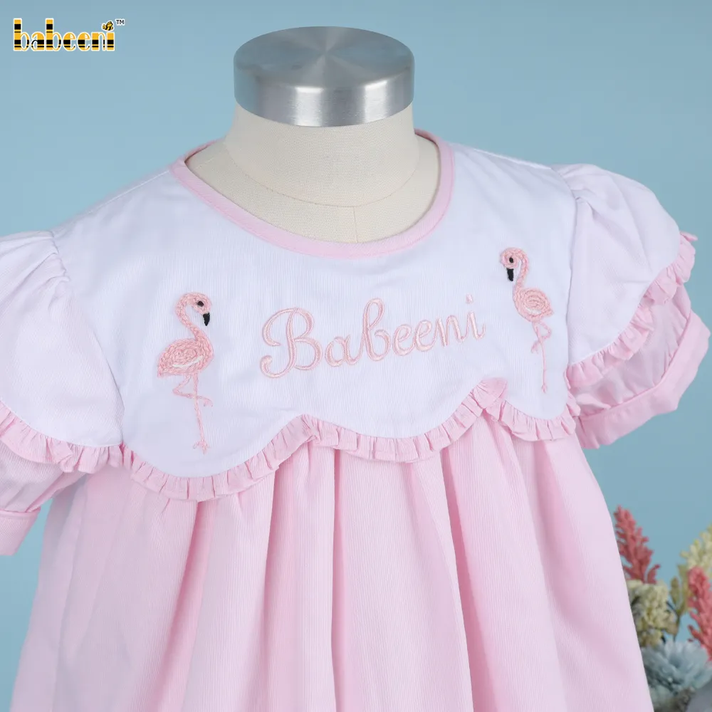 Gaun merah muda flamingo jahitan rantai anak perempuan gaun bayi berasap OEM ODM gaun anak perempuan pakaian anak-anak grosiran DR3803