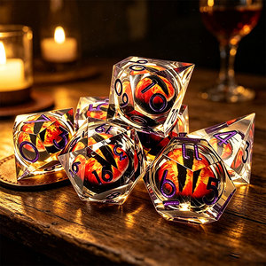 <b>7</b>-Piece Sharp Edge Resin Liquid Core Floating <b>Fire</b> Dragon Eye DND Polyhedral Dice Set With Purple Numbers For Tabletop RPG - Product Image 2