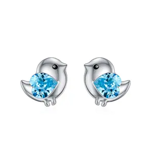 White Gold Plated 925 Sterling Silver Blue Crystal Heart Bird Stud Earrings Jewelry