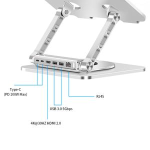 Soporte Ajustable para Portátil de Aluminio con Rotación de 360 Grados y Hub USB para Estación de Acoplamiento Ethernet RJ45 - Product Image 1