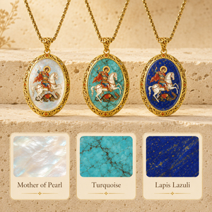 Pendentif Catholique Saint George TIMEMUSE en Turquoise Naturelle, Nacre et Lapis Lazuli, Pendentif Religieux en Pierre Précieuse Peint à la Main - Product Image 4