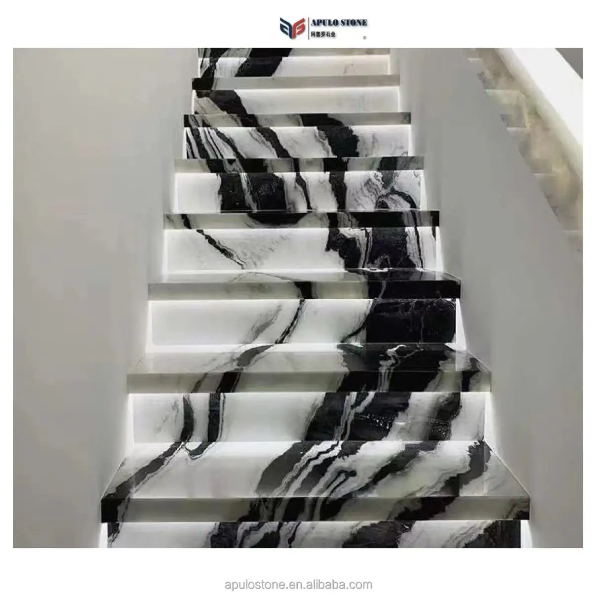 Custom Natural Marble stone slab Floating Straight Staircase Modern Indoor Panda White Marble with black veins for Stairs