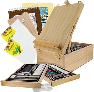 95 Piece artist supply Wood Box Easel acrylic color canvas brush Painting Set for drawing