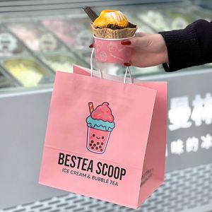 Sacs à emporter jetables en papier kraft biodégradable imprimés sur mesure, écologiques, pour gâteaux, thé à bulles et crème glacée - Product Image 5