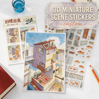 Kit d'autocollants de scène miniature 3D personnalisé, ensemble superposé DIY de bâtiments anciens et de poissons rouges fantaisie en aquarelle, pour scrapbooking anti-stress