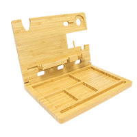 Home Bamboo Wood Standing Multifunction Desktop Organizer Cell Phone Charging Stand Shelf Foldable Box Bedside Table Storage