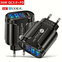 Chargeur mural USB 3 ports avec 1 port Type C pour téléphone, charge rapide USB 36W, prise UK US EU, 4 ports