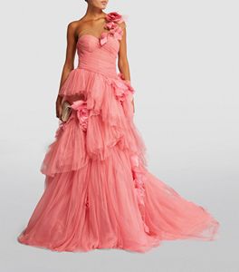 Vestido <span class=keywords><strong>de</strong></span> Noche Rosa Coral <span class=keywords><strong>de</strong></span> Tul con <span class=keywords><strong>un</strong></span> Hombro Descubierto, Apliques Florales 3D, Vestido <span class=keywords><strong>de</strong></span> Fiesta, Ropa Formal para Invitadas <span class=keywords><strong>de</strong></span> <span class=keywords><strong>Boda</strong></span> Romántica - Product Image 1