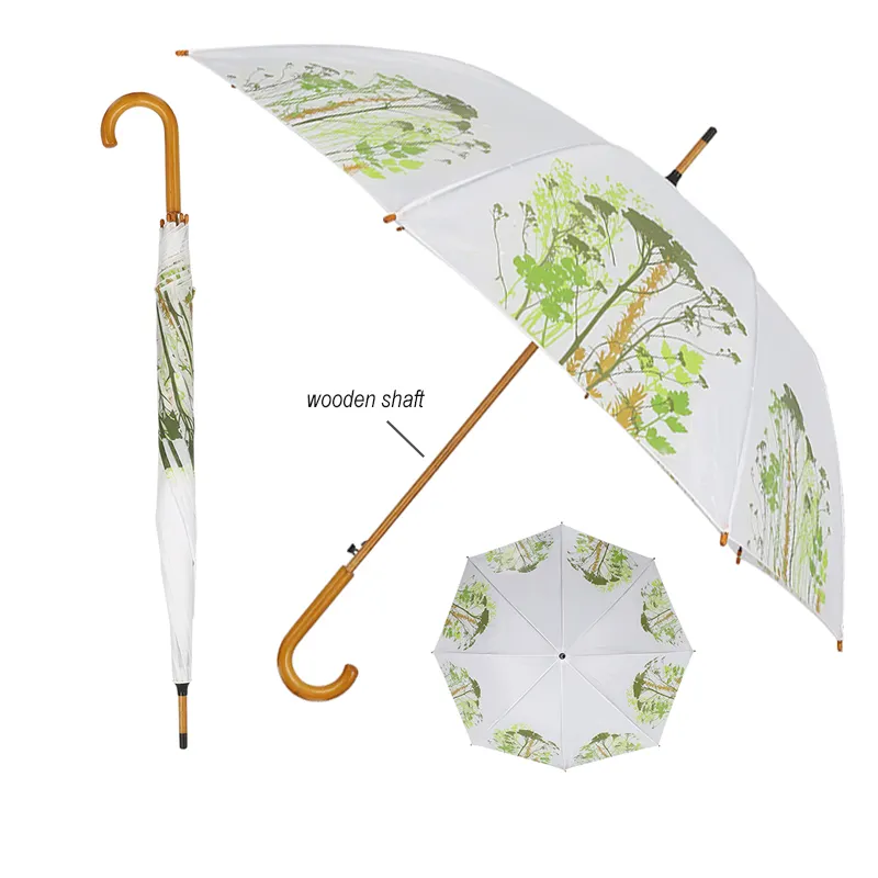 Esschert Nouveau design Ouverture automatique Grass Herb imprimé manche en bois 8K Parapluie en os Manche en U Parapluie adulte