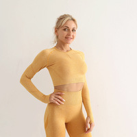 Ensemble de yoga 2 pièces sans couture pour femme, haut de sport court à manches longues très élastique et leggings taille haute rehausseurs de hanches