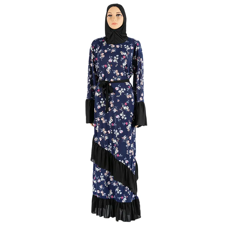 Wholesale High Quality Muslim Dress Robe with Headscarf Jilbab Vintage Floral Printed Abaya Islamic kaftan Clothing