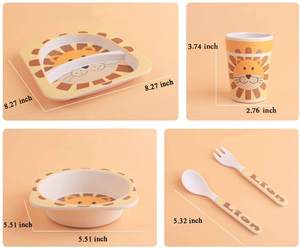 Ensemble de vaisselle pour enfants fibre de bambou naturelle ensemble de 5 pièces avec plaque bol tasse cuillère fourchette sans BPA lavable au lave-vaisselle dessin animé Design <span class=keywords><strong>Lion</strong></span> - Product Image 3