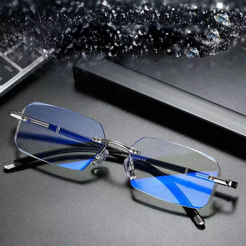 191 High Quality square Cut Rimless Presbyopia Metal Photochromic Lens Anti Blue Light Reading Glasses for Women Men
