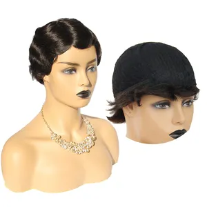 Venta al por mayor de peluca corta tipo <span class=keywords><strong>bob</strong></span> de cabello humano Remy brasileño 100% para rizos, hecha a máquina, sin encaje, con encaje transparente - Product Image 1