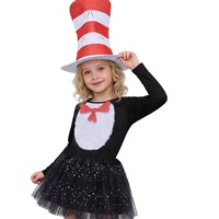 Şapkalı Kızlar Kostümü Dr. Seuss Tutu Elbisesi, Çizgili Şapka ve Çoraplarla Cadılar Bayramı için