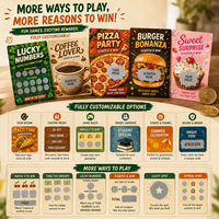Carte à gratter personnalisée en couleur sur le thème de la pizza et des burgers pour événements commerciaux et jeux de tombolas