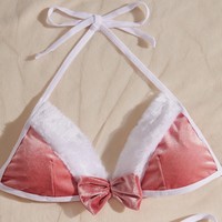 Ensemble de jeu de rôle sexy pour femmes, lingerie en peluche trois points, motif lapin, rose, polyester, pour Noël, sans déshabillage, ODM