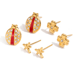 Stud <b>Earrings</b> Insect Ladybug Design Gold <b>Red</b> Crystal Stainless Steel Gift Jewelry - Product Image 5