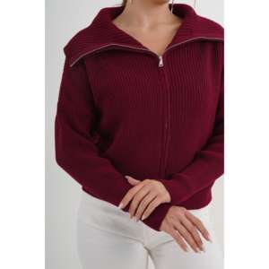 Cárdigan de Punto Borgoña para Mujer, con Cierre, Cuello Alto, Casual, Antipilling, Estilo Simple y Moderno - Product Image 1