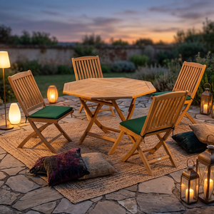 Teak Wood Octagonal Folding <b>Dining</b> Set 4 Seater Outdoor Garden Furniture <b>Rustic</b> Style Foldable <b>Chairs</b> With Green Cushions - Product Image 1