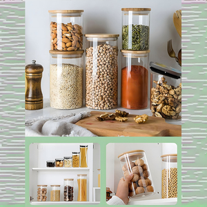 מיכלי אחסון מזון שקופים מזכוכית בורוסיליקט, אטומים לאוויר, ניתנים לערום, עם מכסי במבוק לארון המטבח, במגוון גדלים - Product Image 6