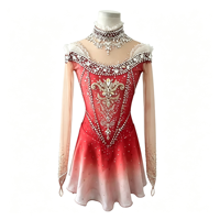 Robe de patinage artistique à col montant, dégradé rouge et blanc, ornée de strass, en tissu mesh, pour compétition et spectacle sur glace (adultes et enfants)
