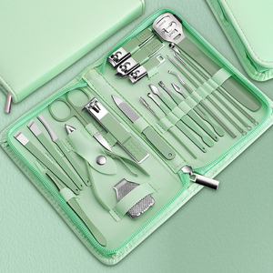 Juego de manicura y pedicura de acero inoxidable de 22 piezas en stock que incluye cortaúñas y estuche verde con cremallera, juego completo de herramientas para uñas - Product Image 1