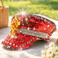 Chapeau de capitaine en peluche personnalisé rouge et or avec sequins et strass rubis, 3 MOQ, pour festival, plage, fête, unisexe, luxe, style Burning Man, vente en gros