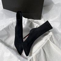 Bottines à talons aiguilles pour femmes, nouvelles bottes pointues noires en daim Joker à talons hauts, chaussures pour femmes en automne et en hiver