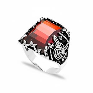 Triangle Cut <b>Garnet</b> Gemstone Ottoman Tugra Design Men <b>Rings</b> Authentic Men <b>Ring</b> Wholesale Handmade 925 Sterling <b>Silver</b> - Product Image 2