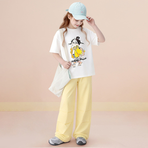 Conjunto de 2 piezas para niñas, camiseta de manga corta con estampado de dibujos animados y pantalones amarillos, chándal informal para niños - Product Image 6