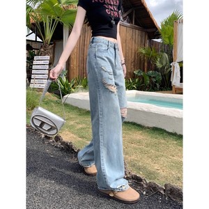 Jeans bleu clair de haute qualité pour femmes, taille haute, longueur au sol, design qui couvre les hanches, look décontracté et élégant, adapté - Product Image 3