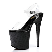 Chaussures de pole dance sexy à plateforme motif serpent de 20 cm, avec empeigne transparente, bout ouvert, bride cheville et talon fin de 8 pouces, pour boîte de nuit et défilé