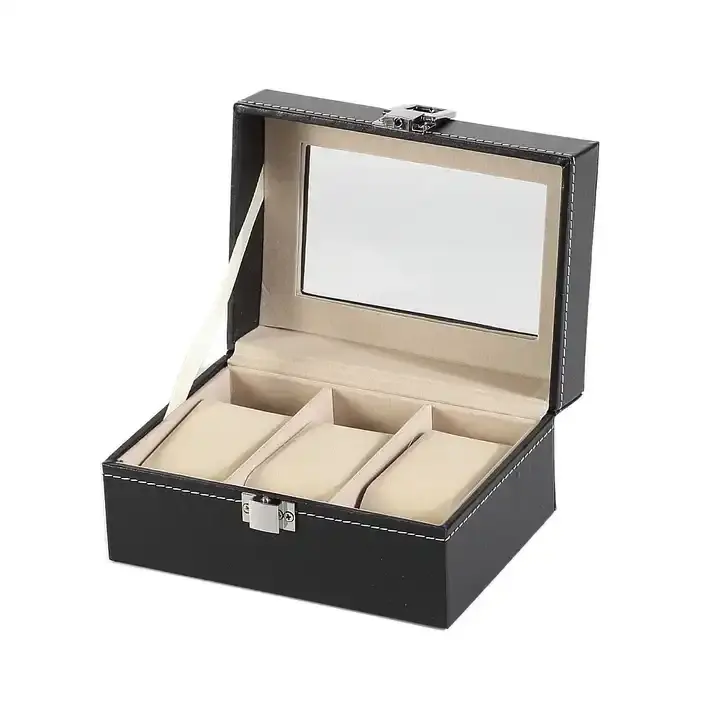 Fashion Portable 3 Slot Glass Lid Black PU Leather Jewelry Wrist Watch Storage Display Box