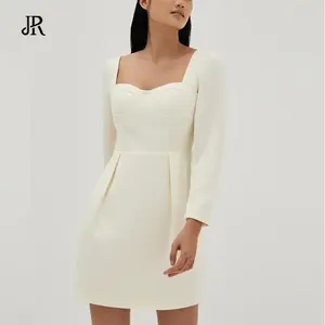 Nieuwe Collectie Trendy Midi Witte Jurk Voor Vrouwen Casual Vierkante Hals Lange Mouw Elegante Dames Jurk Gewatteerde Tweed Mini Jurk